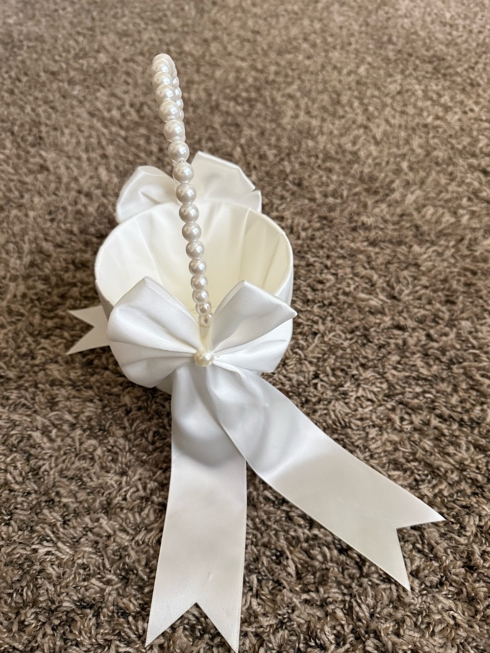 White Satin Flower Girl Basket with Pearl Handle